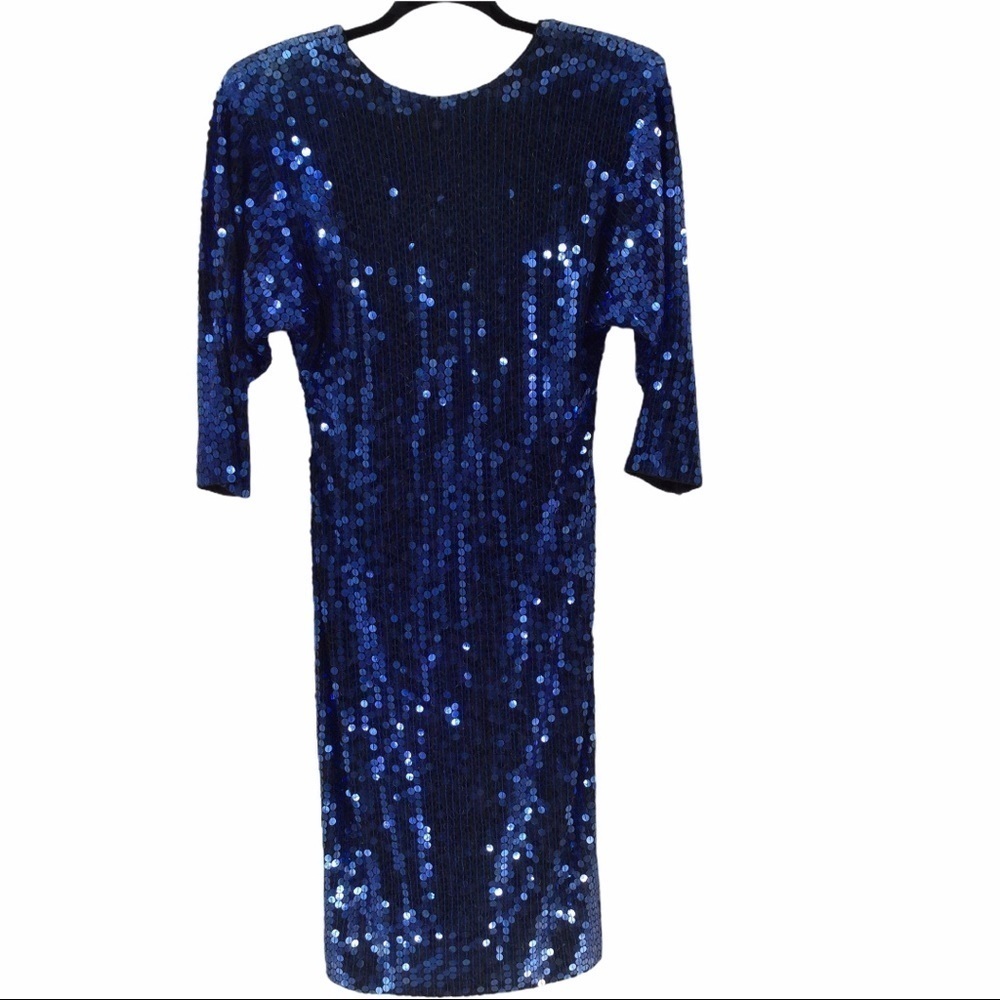 Womens Sapphire Blue Bodycon 3/4 sleeve shimmering sequins cocktail‎ dress.